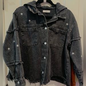 Size Medium black wash denim hooded jacket with embroidered white star details
